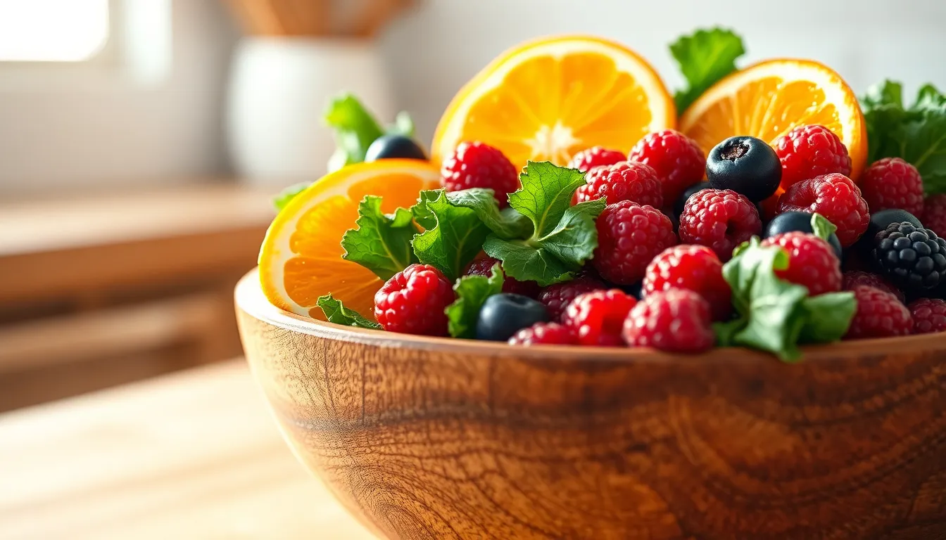 다채로운 채소와 과일이 가득 담긴 식탁 이미지