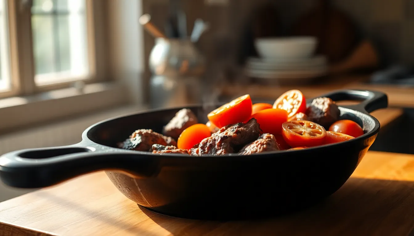 신선한 소고기와 붉은 토마토가 함께 있는 모습