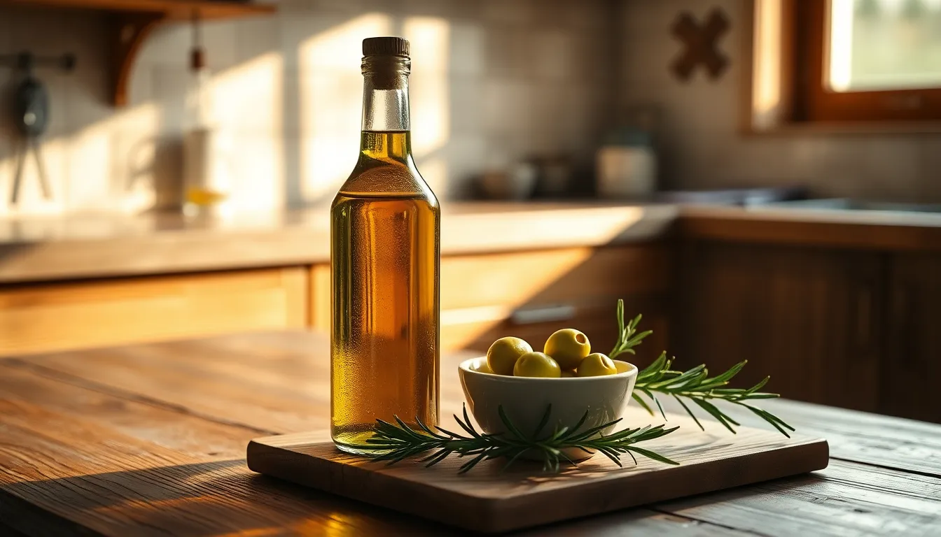 어두운 병에 담긴 올리브유와 신선한 올리브