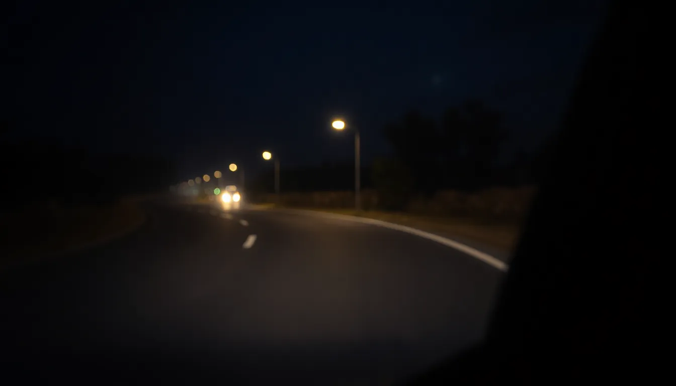 밤길 운전 중 야맹증을 의심하는 사람이 헤드라이트에 고통받는 이미지