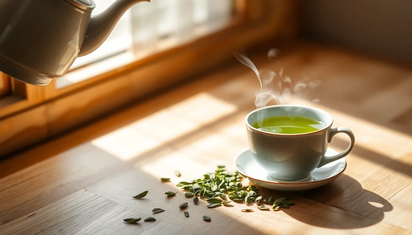 신선한 녹차 잎과 녹차 가루