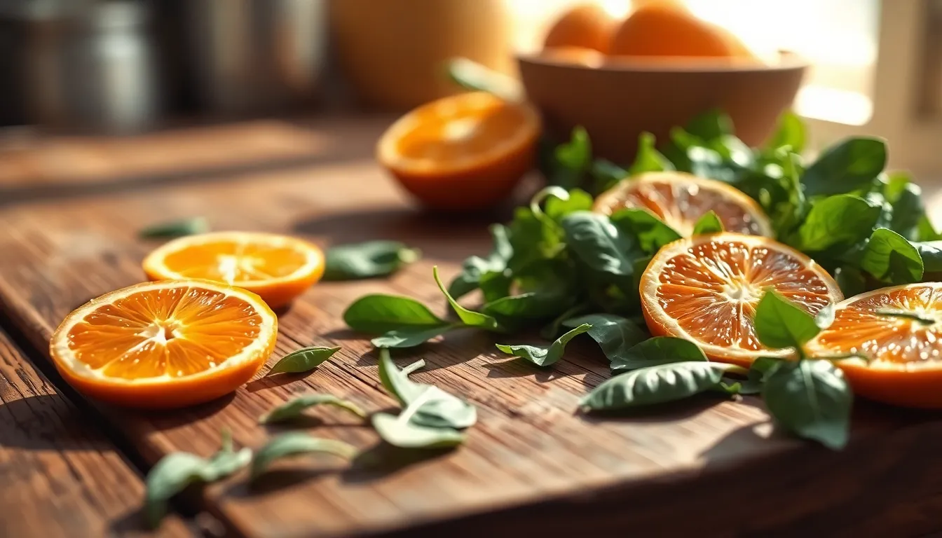 엽산이 풍부한 녹황색 채소와 과일 이미지