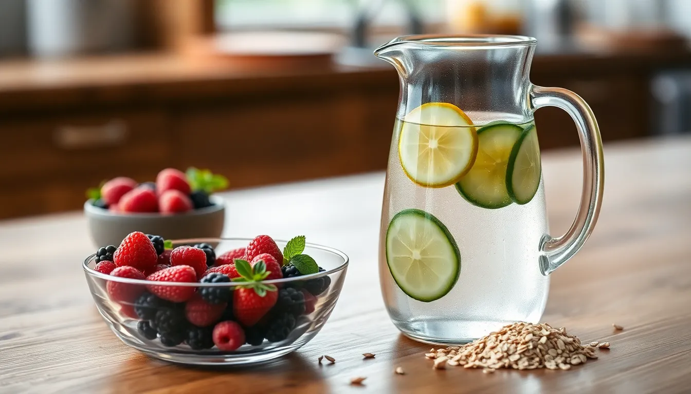 물 한 잔과 신선한 과일 및 채소 이미지