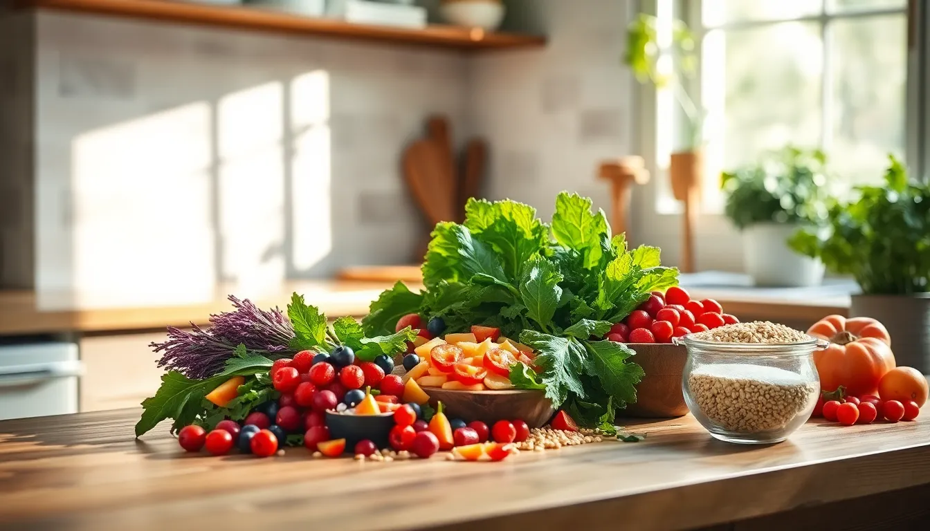 다채로운 채소와 과일이 가득한 건강한 식단 이미지
