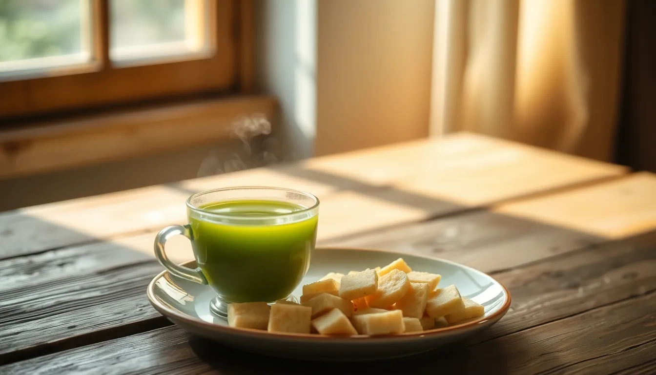 녹차 잎과 녹차 가루가 담긴 찻잔 이미지