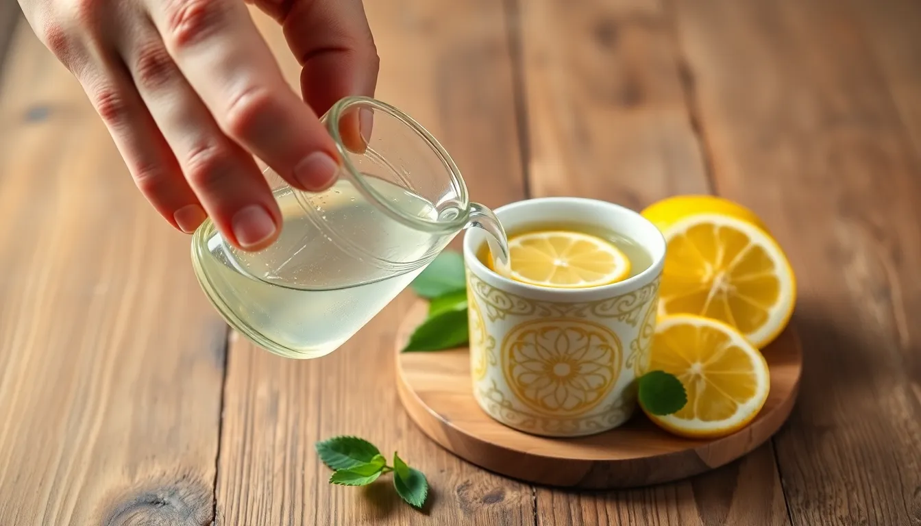 신선한 레몬과 물로 만든 천연 가글액