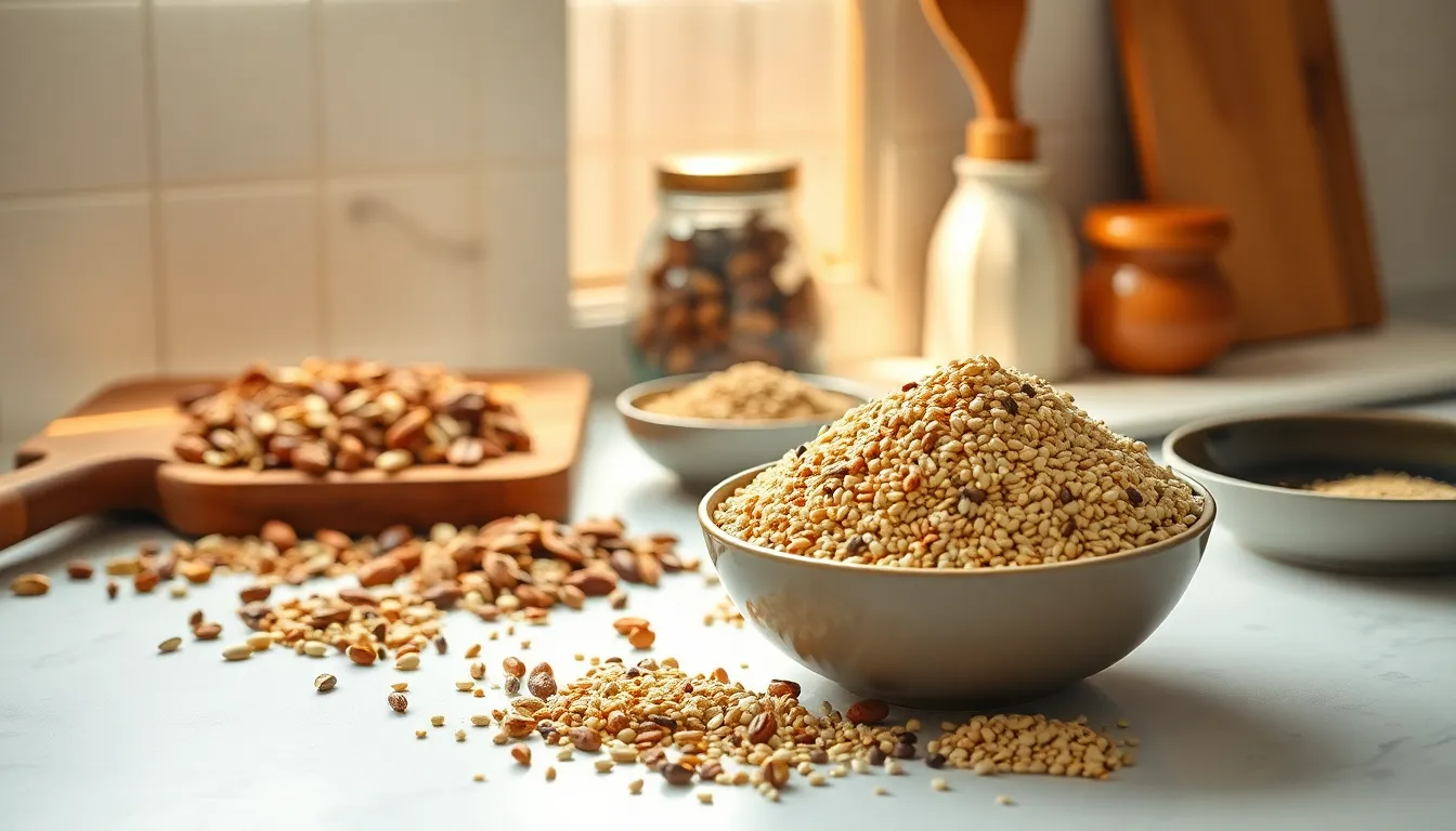 다양한 종류의 건강한 식품들이 테이블 위에 놓여 있는 모습